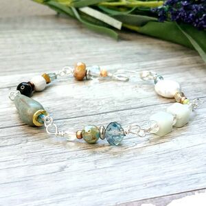 Gemstone Beaded Bracelet - 7.5" - Obsidian Czech Glass Amazonite
